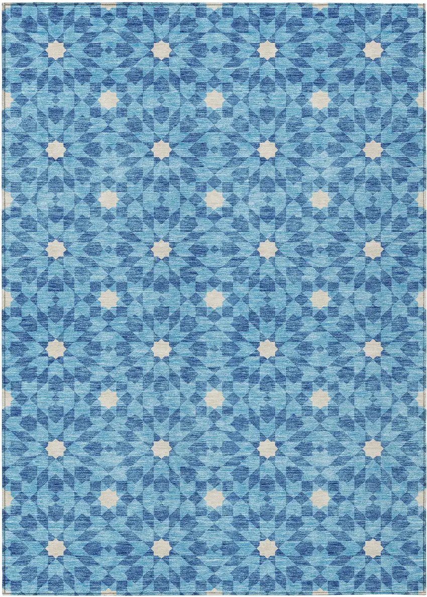 Denim Blue And Ivory Floral Medallion Washable Indoor Outdoor Area Rug Photo 2