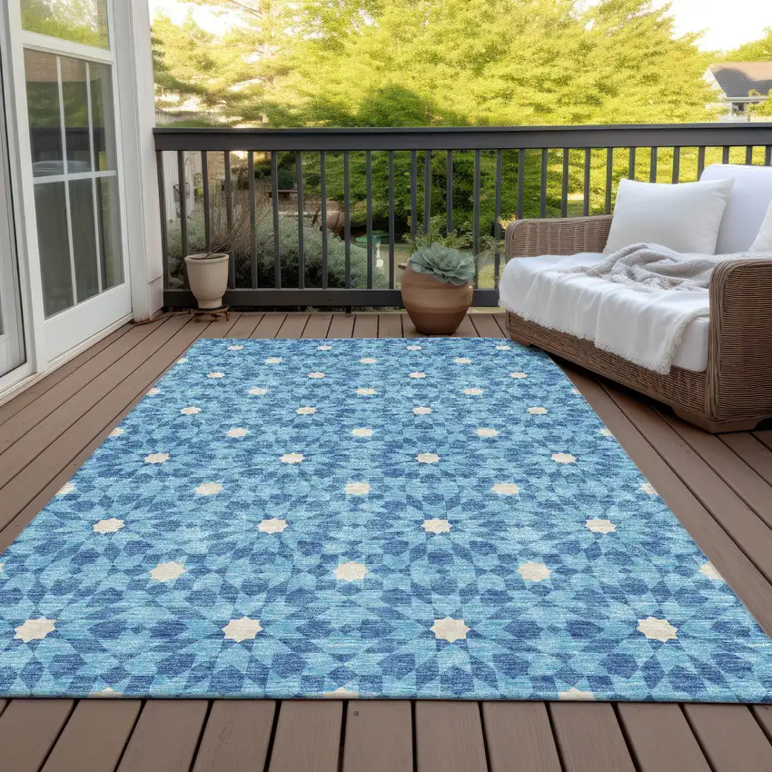 Denim Blue And Ivory Floral Medallion Washable Indoor Outdoor Area Rug Photo 7