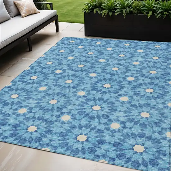Denim Blue And Ivory Floral Medallion Washable Indoor Outdoor Area Rug Photo 1