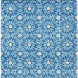 Photo of Denim Blue And Ivory Floral Medallion Washable Indoor Outdoor Area Rug