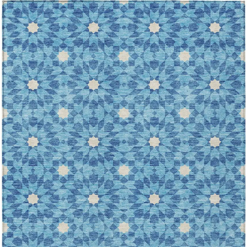 Denim Blue And Ivory Floral Medallion Washable Indoor Outdoor Area Rug Photo 5