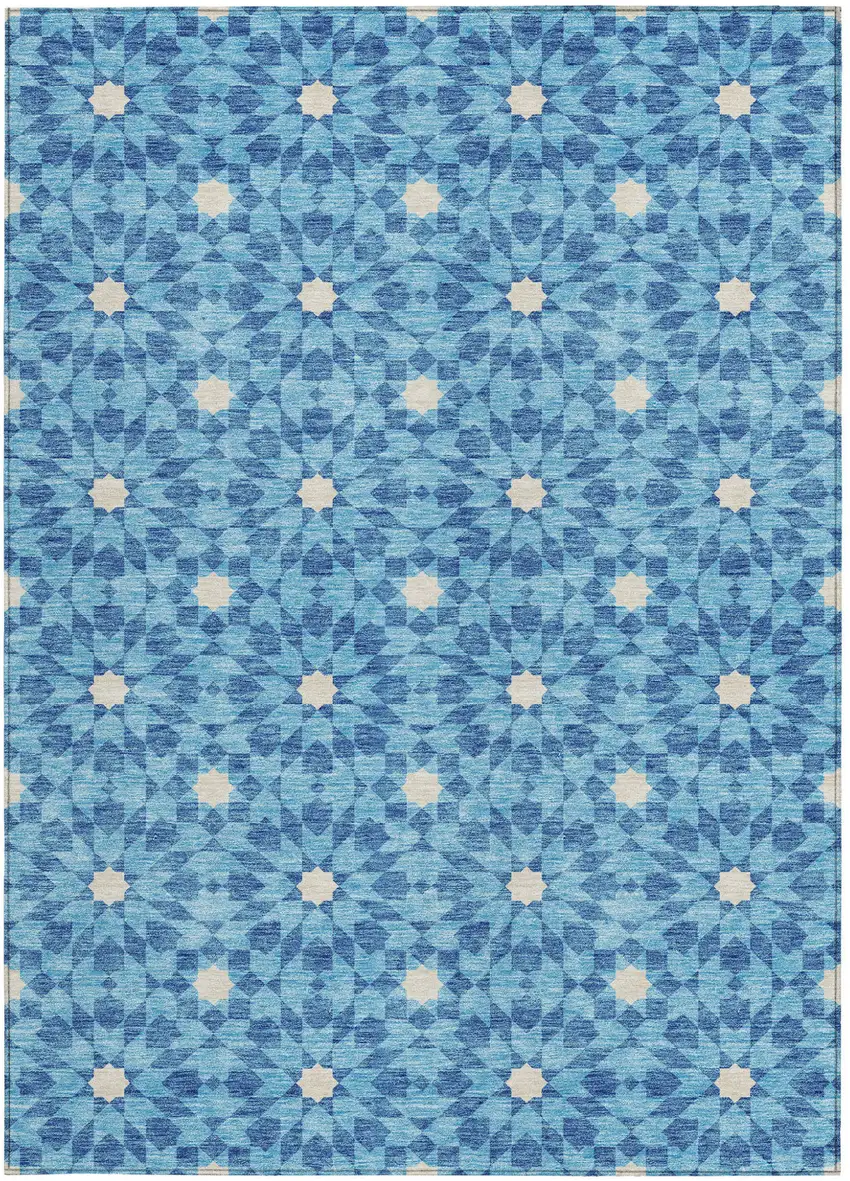 Denim Blue And Ivory Floral Medallion Washable Indoor Outdoor Area Rug Photo 7