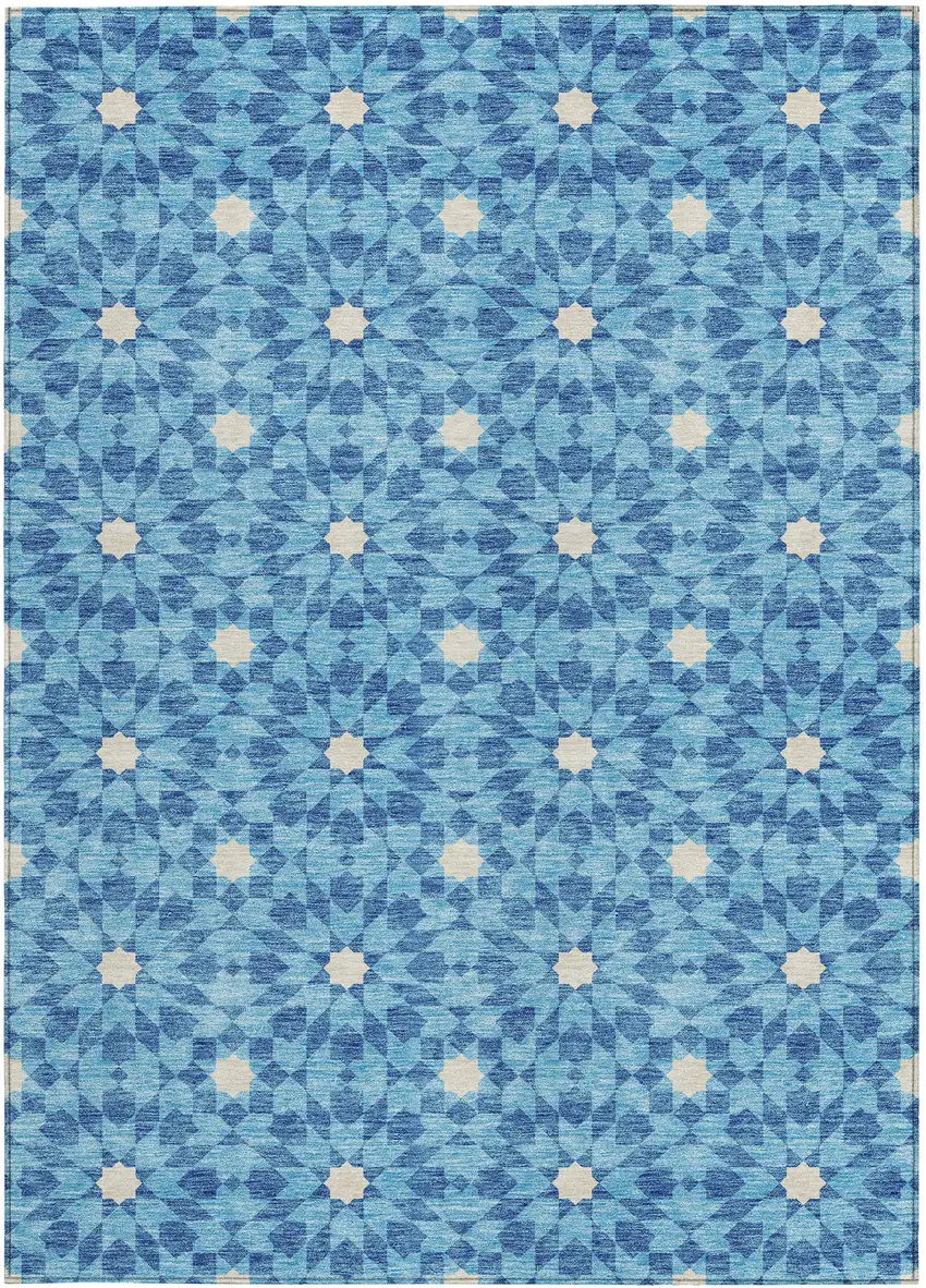 Denim Blue And Ivory Floral Medallion Washable Indoor Outdoor Area Rug Photo 7