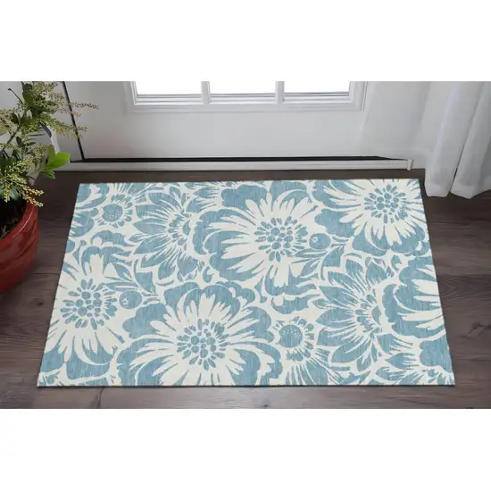 Denim Blue And Ivory Floral Washable Area Rug With UV Protection Photo 2