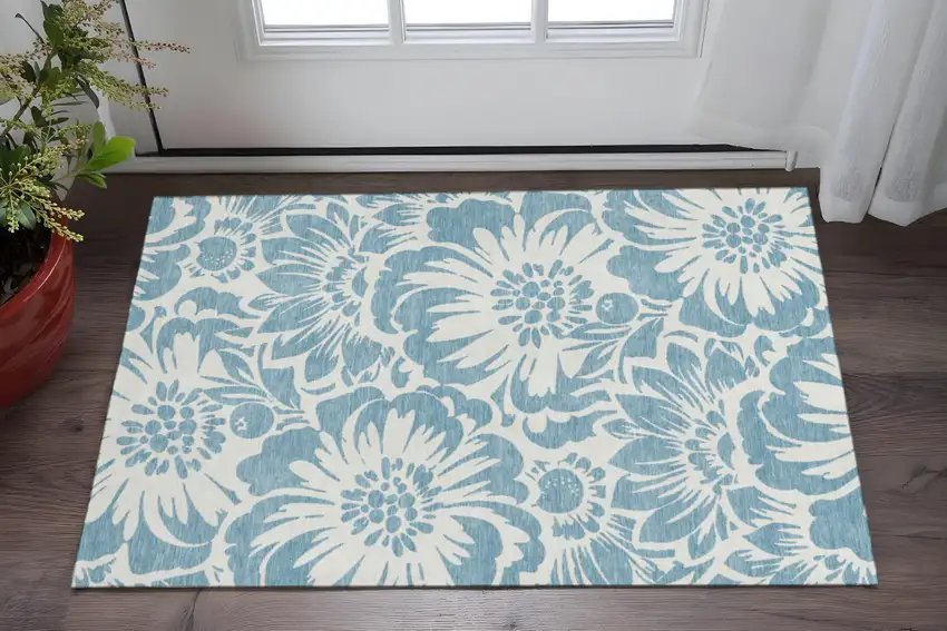 Denim Blue And Ivory Floral Washable Area Rug With UV Protection Photo 2