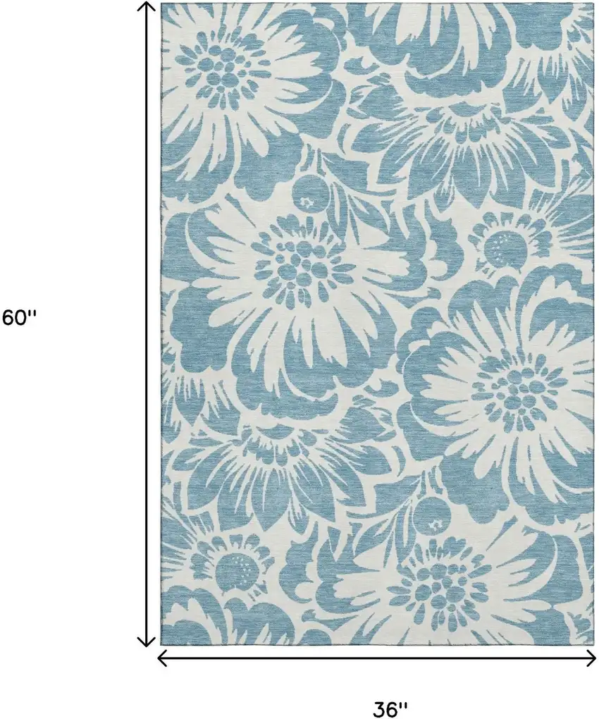 Denim Blue And Ivory Floral Washable Area Rug With UV Protection Photo 3