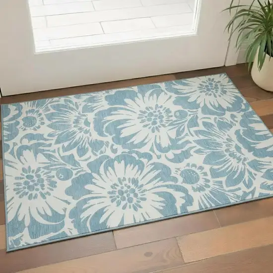 Denim Blue And Ivory Floral Washable Area Rug With UV Protection Photo 1