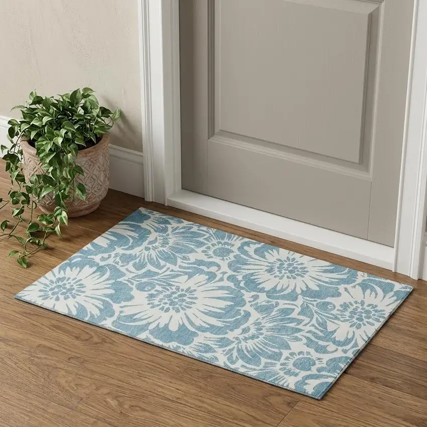 Denim Blue And Ivory Floral Washable Area Rug With UV Protection Photo 1