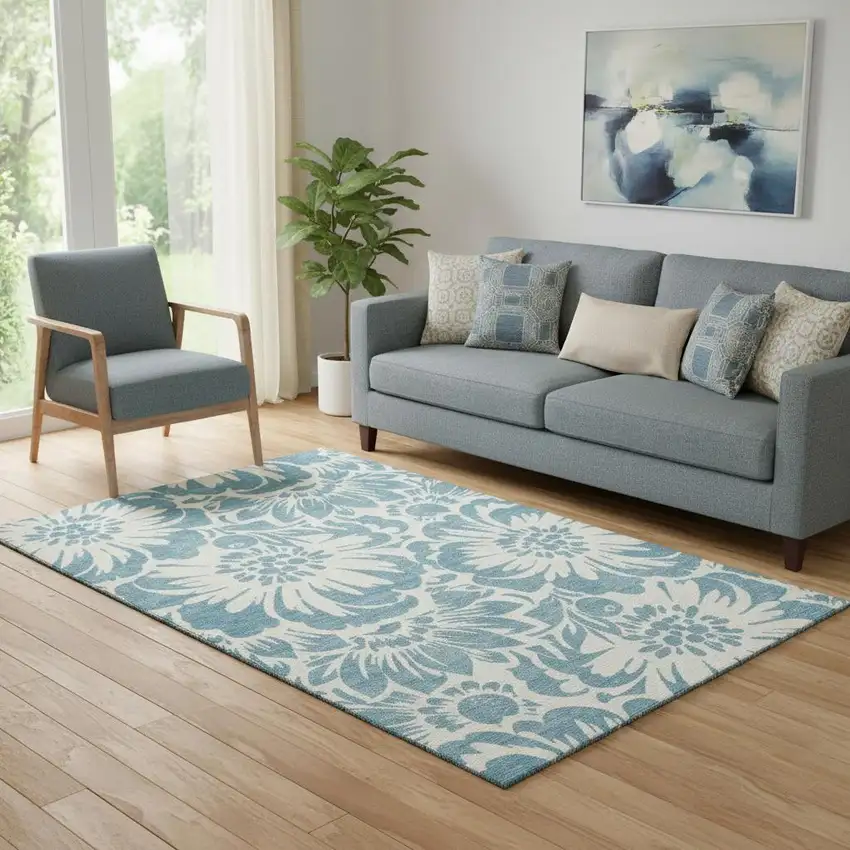 Denim Blue And Ivory Floral Washable Area Rug With UV Protection Photo 3