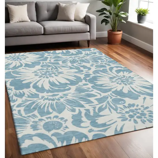 Denim Blue And Ivory Floral Washable Area Rug With UV Protection Photo 2