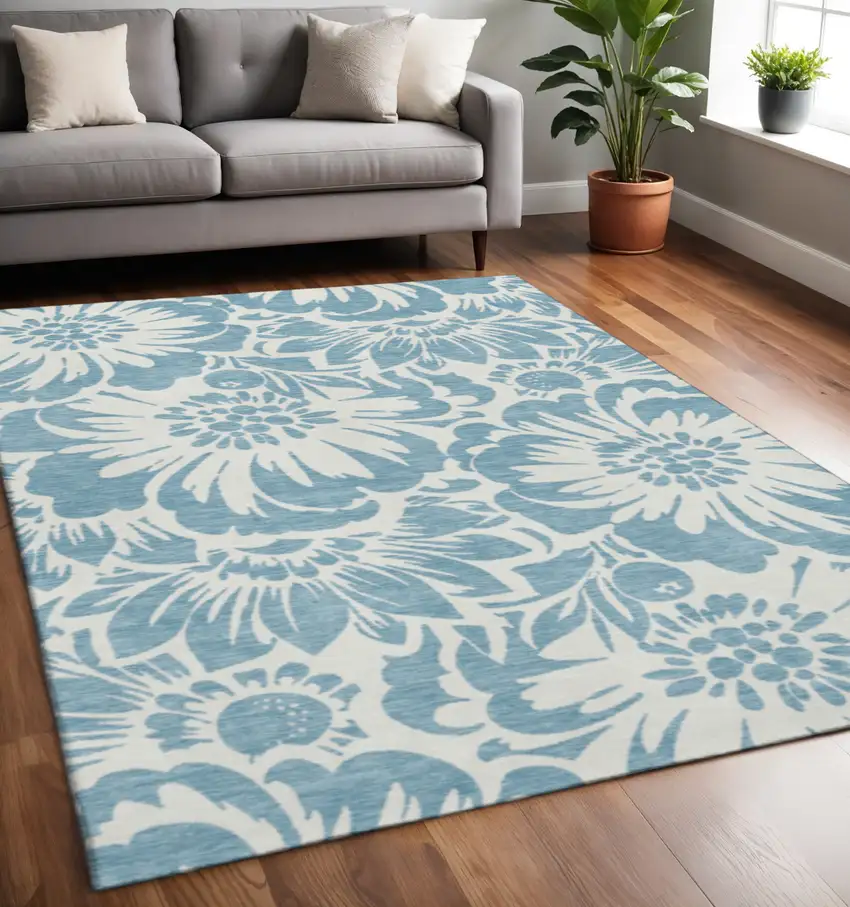 Denim Blue And Ivory Floral Washable Area Rug With UV Protection Photo 2
