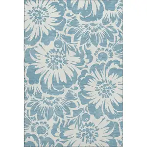 Photo of Denim Blue And Ivory Floral Washable Area Rug With UV Protection