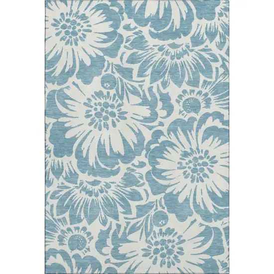Denim Blue And Ivory Floral Washable Area Rug With UV Protection Photo 1