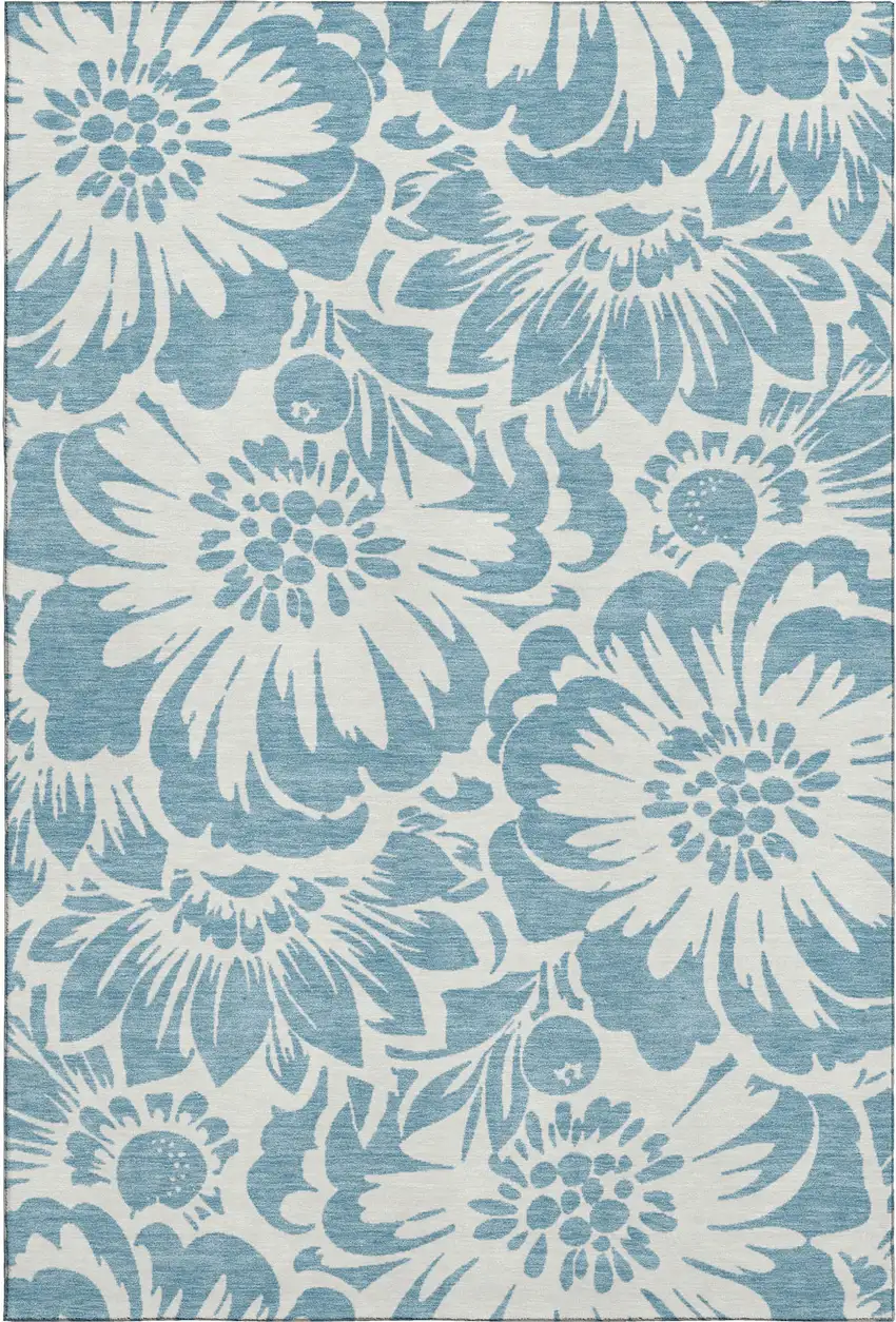 Denim Blue And Ivory Floral Washable Area Rug With UV Protection Photo 1