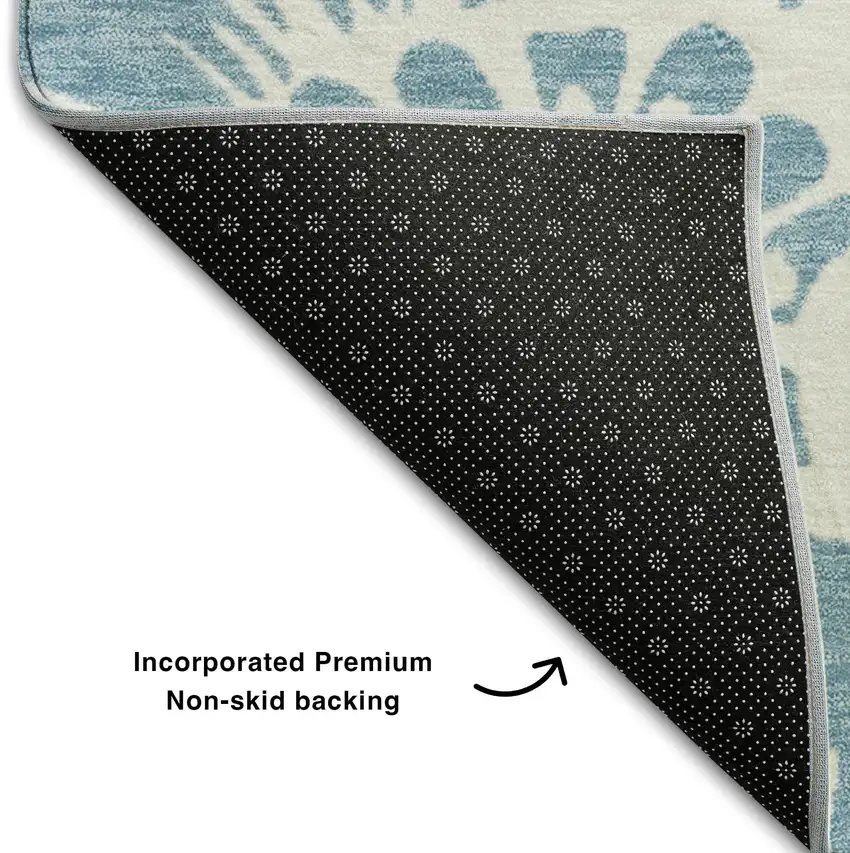 Denim Blue And Ivory Floral Washable Area Rug With UV Protection Photo 8