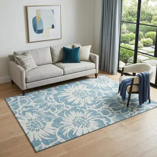 Denim Blue And Ivory Floral Washable Area Rug With UV Protection Photo 1