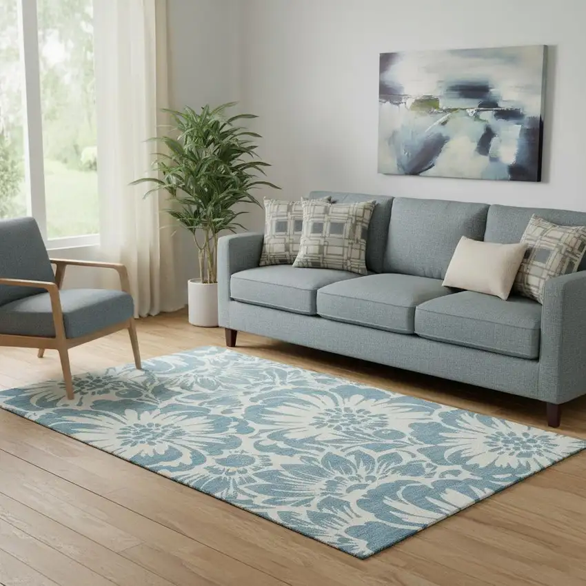 Denim Blue And Ivory Floral Washable Area Rug With UV Protection Photo 1