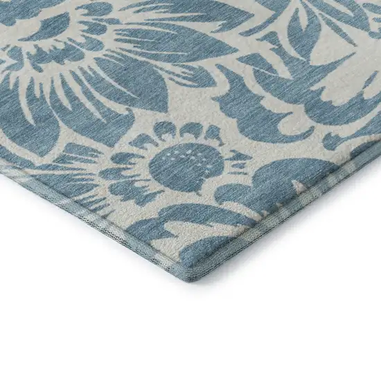 Denim Blue And Ivory Floral Washable Area Rug With UV Protection Photo 9