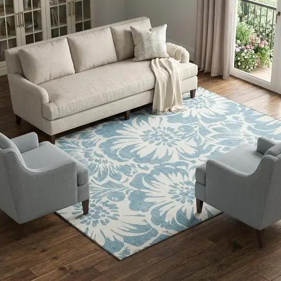 Denim Blue And Ivory Floral Washable Area Rug With UV Protection Photo 1