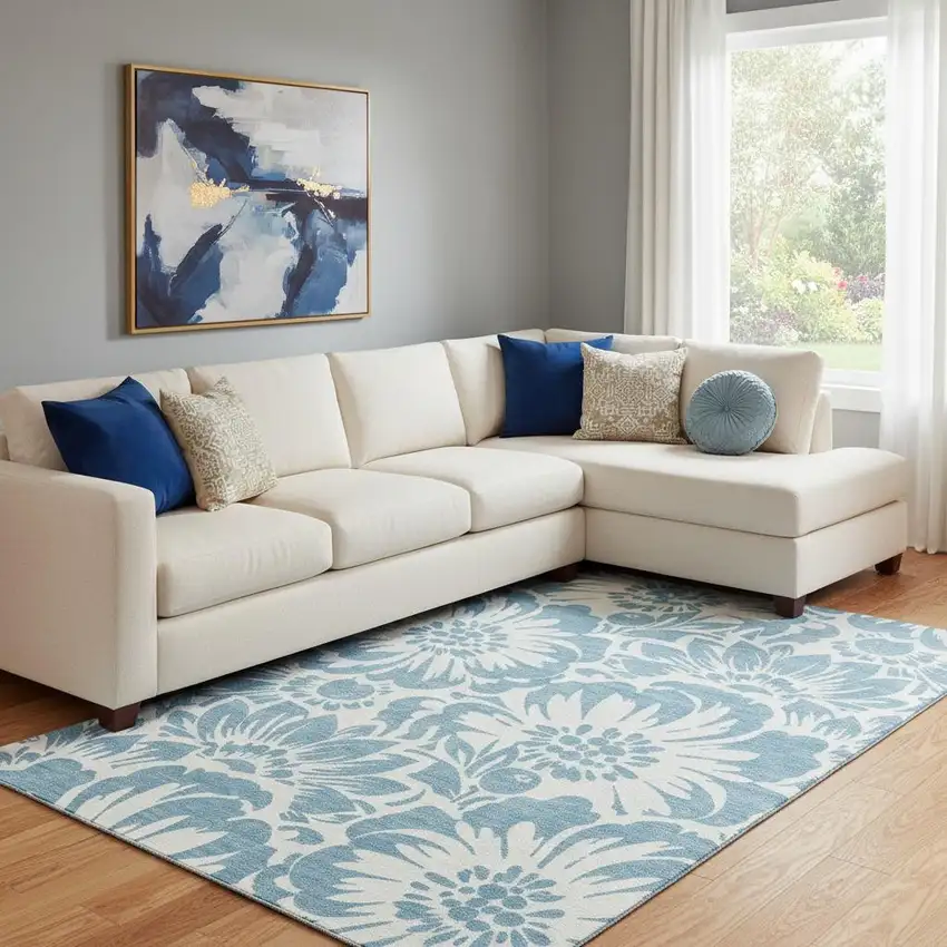 Denim Blue And Ivory Floral Washable Area Rug With UV Protection Photo 1