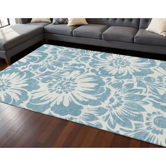 Denim Blue And Ivory Floral Washable Area Rug With UV Protection Photo 2