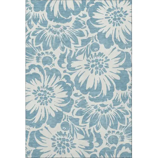 Denim Blue And Ivory Floral Washable Area Rug With UV Protection Photo 3