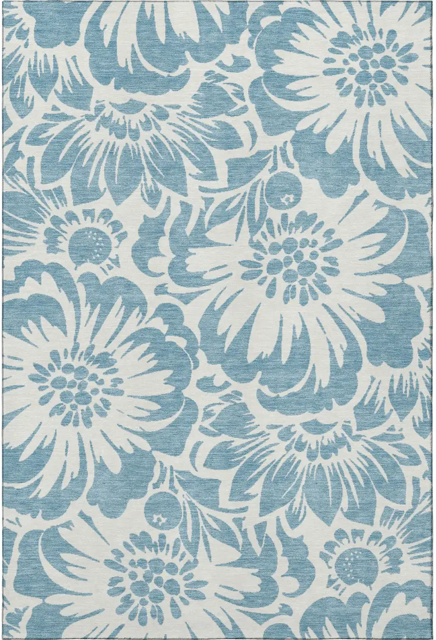 Denim Blue And Ivory Floral Washable Area Rug With UV Protection Photo 3