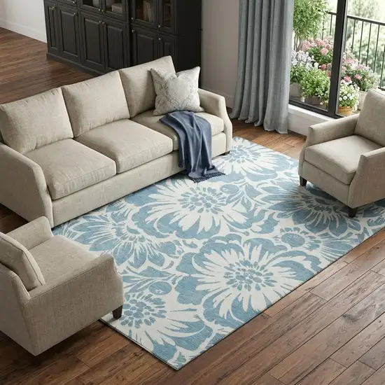 Denim Blue And Ivory Floral Washable Area Rug With UV Protection Photo 1