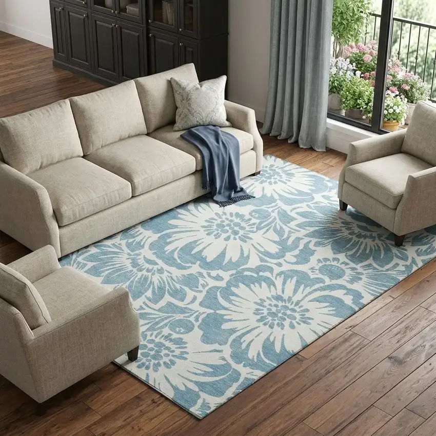 Denim Blue And Ivory Floral Washable Area Rug With UV Protection Photo 1