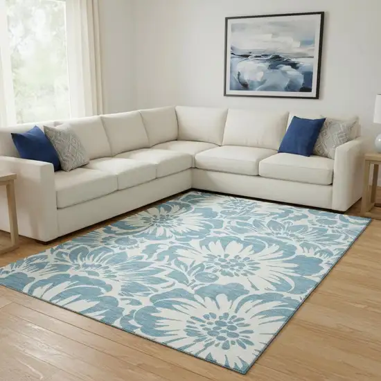 Denim Blue And Ivory Floral Washable Area Rug With UV Protection Photo 1