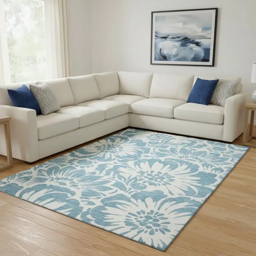 Denim Blue And Ivory Floral Washable Area Rug With UV Protection Photo 1