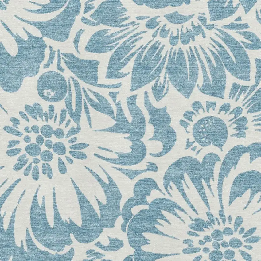 Denim Blue And Ivory Floral Washable Area Rug With UV Protection Photo 9