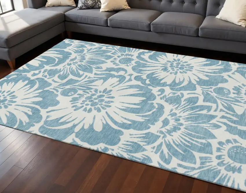 Denim Blue And Ivory Floral Washable Area Rug With UV Protection Photo 2