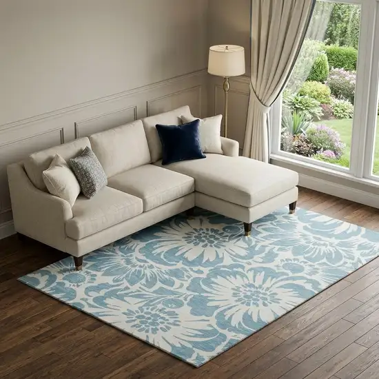 Denim Blue And Ivory Floral Washable Area Rug With UV Protection Photo 1