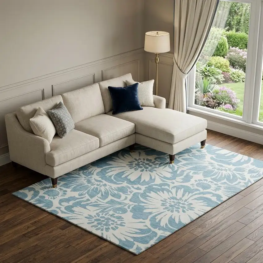 Denim Blue And Ivory Floral Washable Area Rug With UV Protection Photo 1