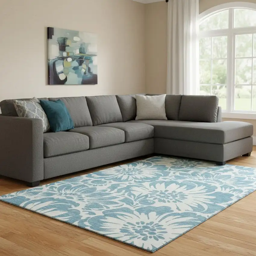 Denim Blue And Ivory Floral Washable Area Rug With UV Protection Photo 1