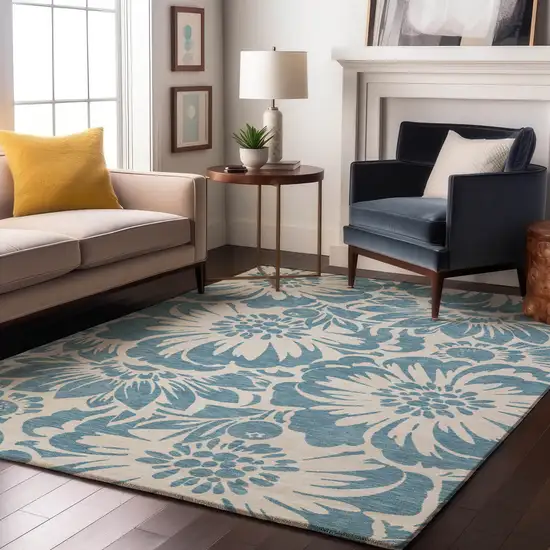 Denim Blue And Ivory Floral Washable Area Rug With UV Protection Photo 7