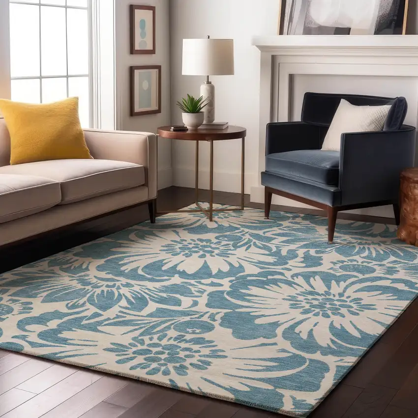 Denim Blue And Ivory Floral Washable Area Rug With UV Protection Photo 7