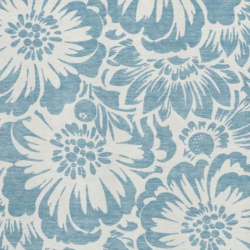Denim Blue And Ivory Floral Washable Area Rug With UV Protection Photo 6