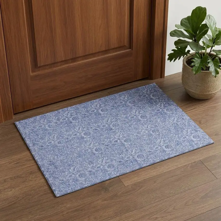 Denim Blue And Ivory Floral Washable Area Rug With UV Protection Photo 1