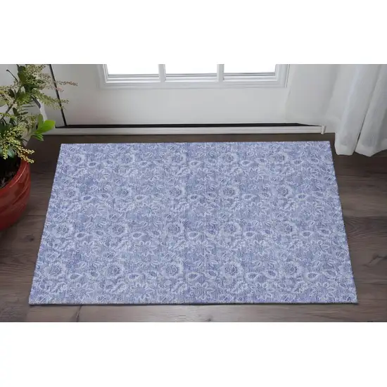 Denim Blue And Ivory Floral Washable Area Rug With UV Protection Photo 2