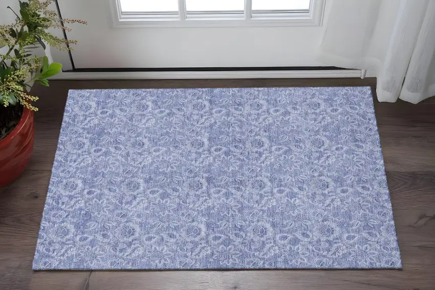 Denim Blue And Ivory Floral Washable Area Rug With UV Protection Photo 2