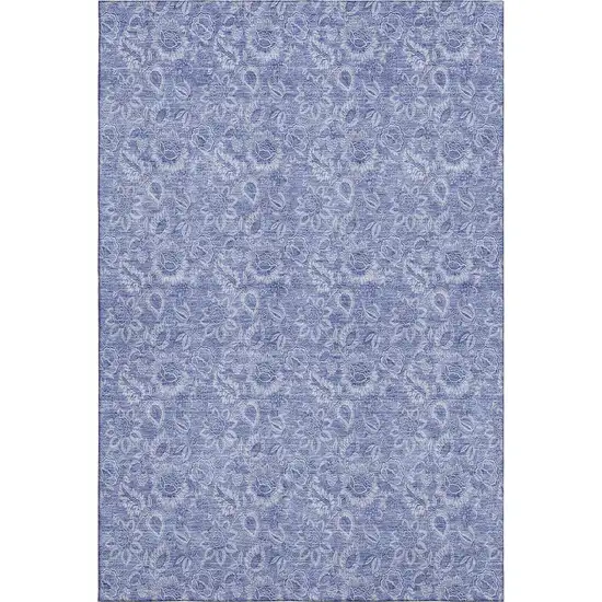 Denim Blue And Ivory Floral Washable Area Rug With UV Protection Photo 1