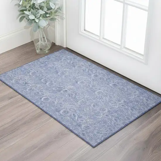 Denim Blue And Ivory Floral Washable Area Rug With UV Protection Photo 1