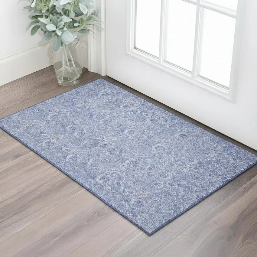 Denim Blue And Ivory Floral Washable Area Rug With UV Protection Photo 1