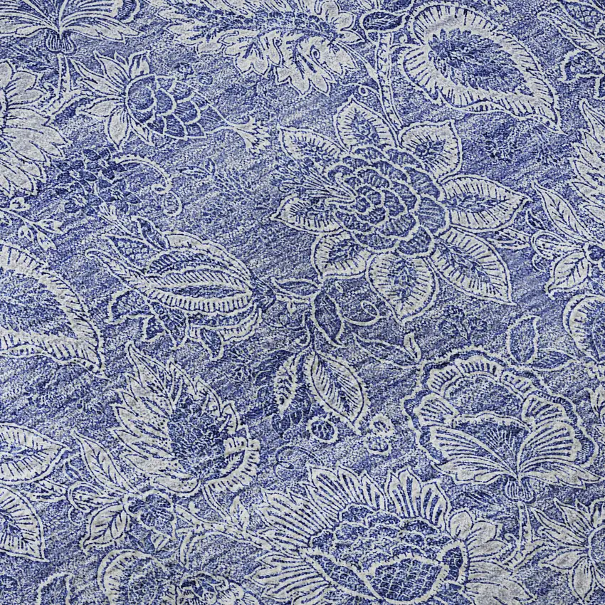 Denim Blue And Ivory Floral Washable Area Rug With UV Protection Photo 9