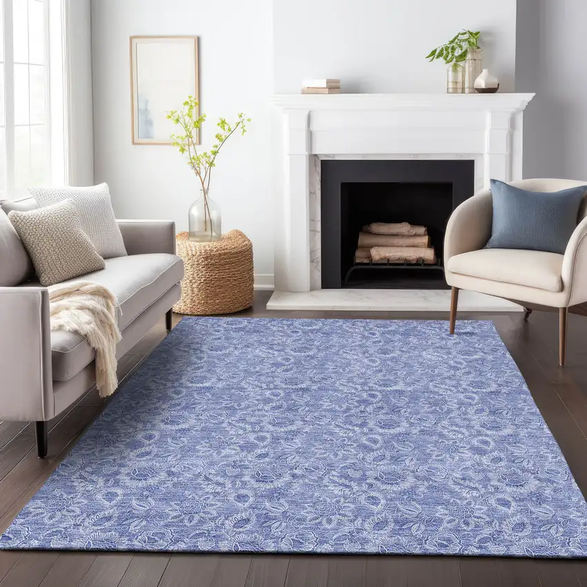 Denim Blue And Ivory Floral Washable Area Rug With UV Protection Photo 3