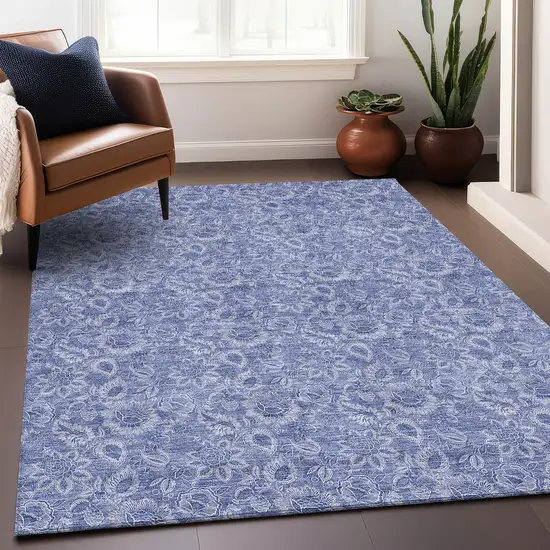 Denim Blue And Ivory Floral Washable Area Rug With UV Protection Photo 4