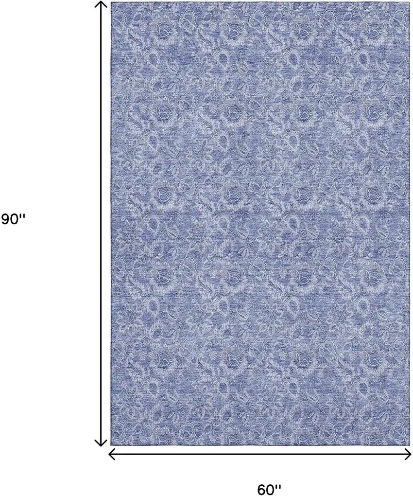 Denim Blue And Ivory Floral Washable Area Rug With UV Protection Photo 3