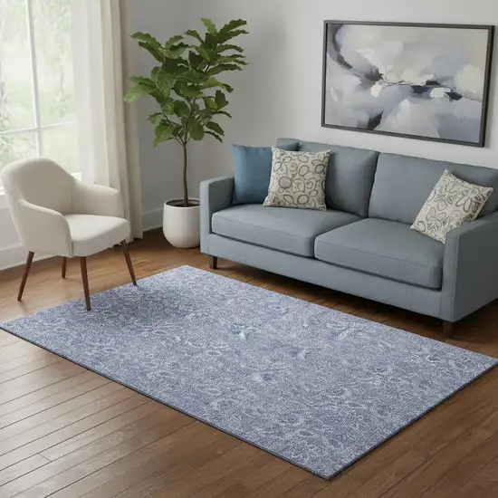 Denim Blue And Ivory Floral Washable Area Rug With UV Protection Photo 1